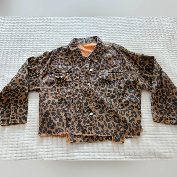 Jackets & Blazers - Distressed Leopard Denim Jacket - Size Med/Lg
